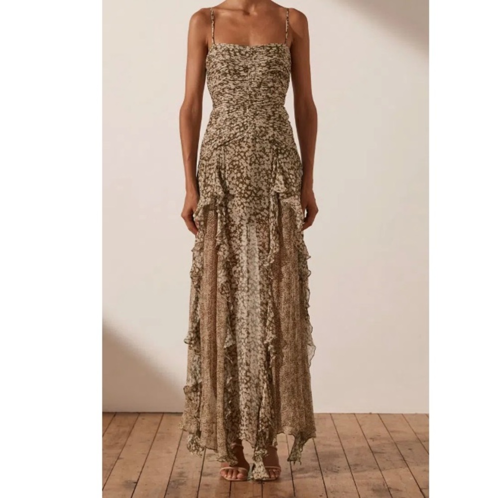 Shona Joy Claudette Ruched Frill Maxi Dress size 2 olive and cream